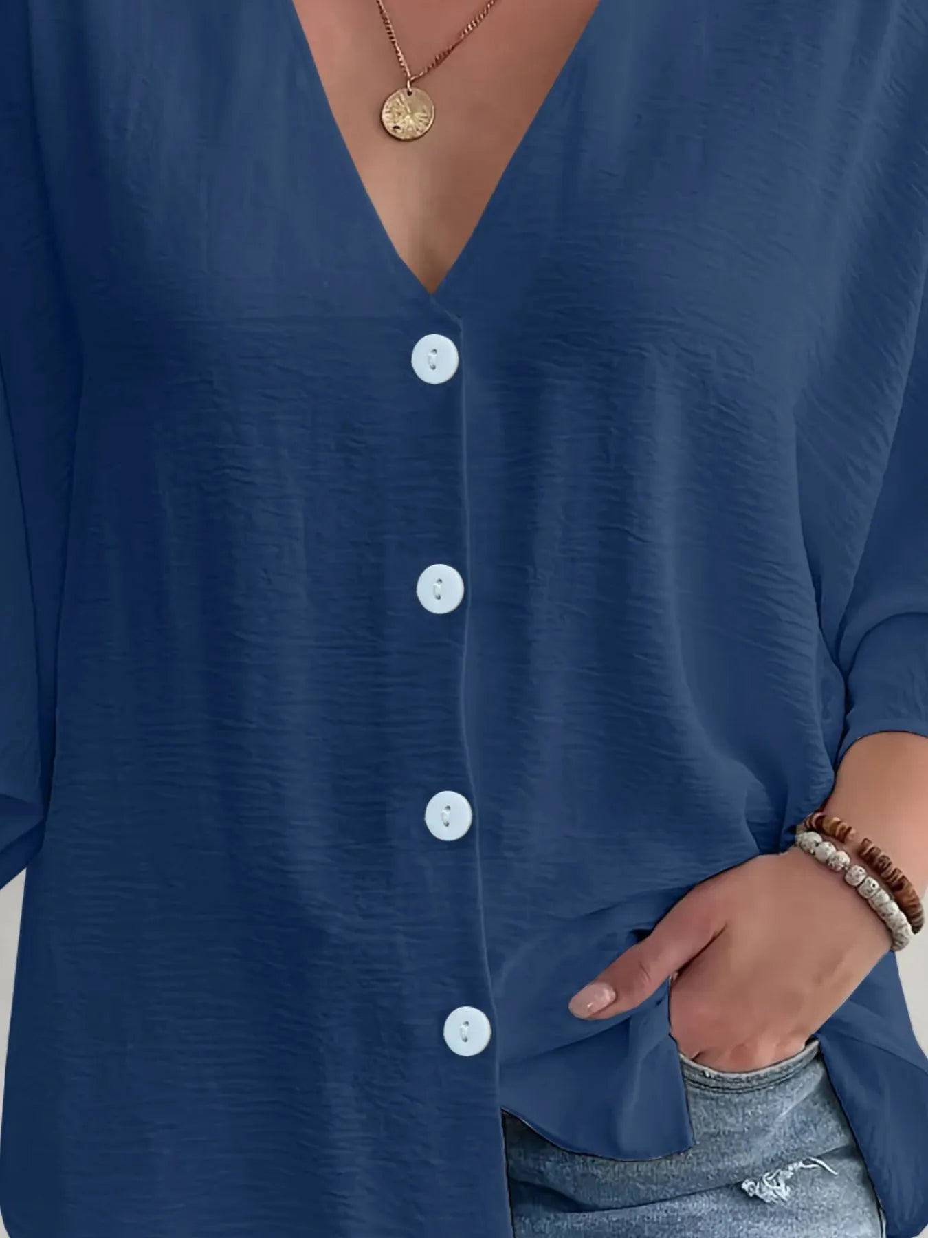 Full Size V-Neck Button Down Shirt Plus Size Navy