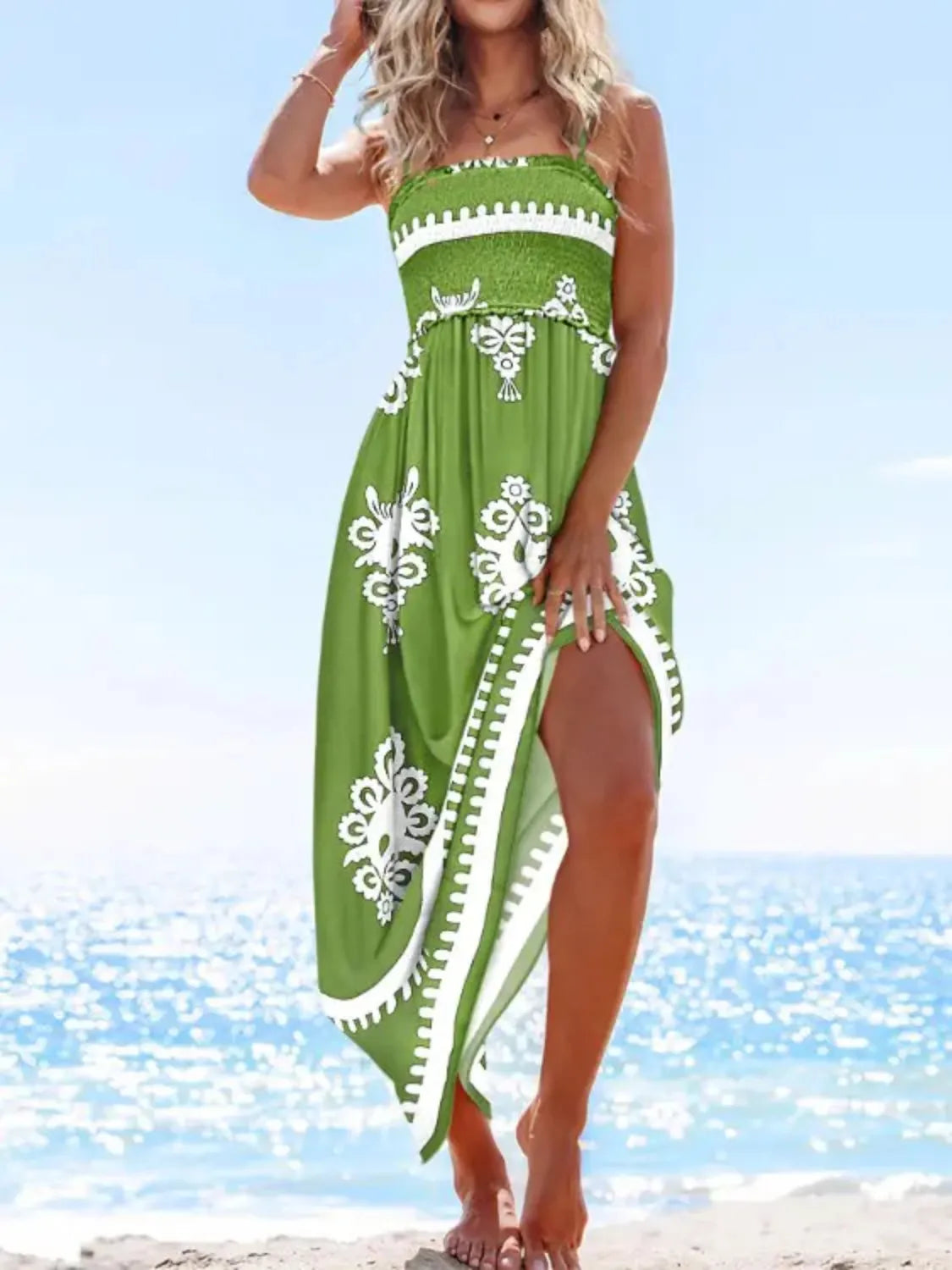 Printed Smocked Maxi Cami Dress Green