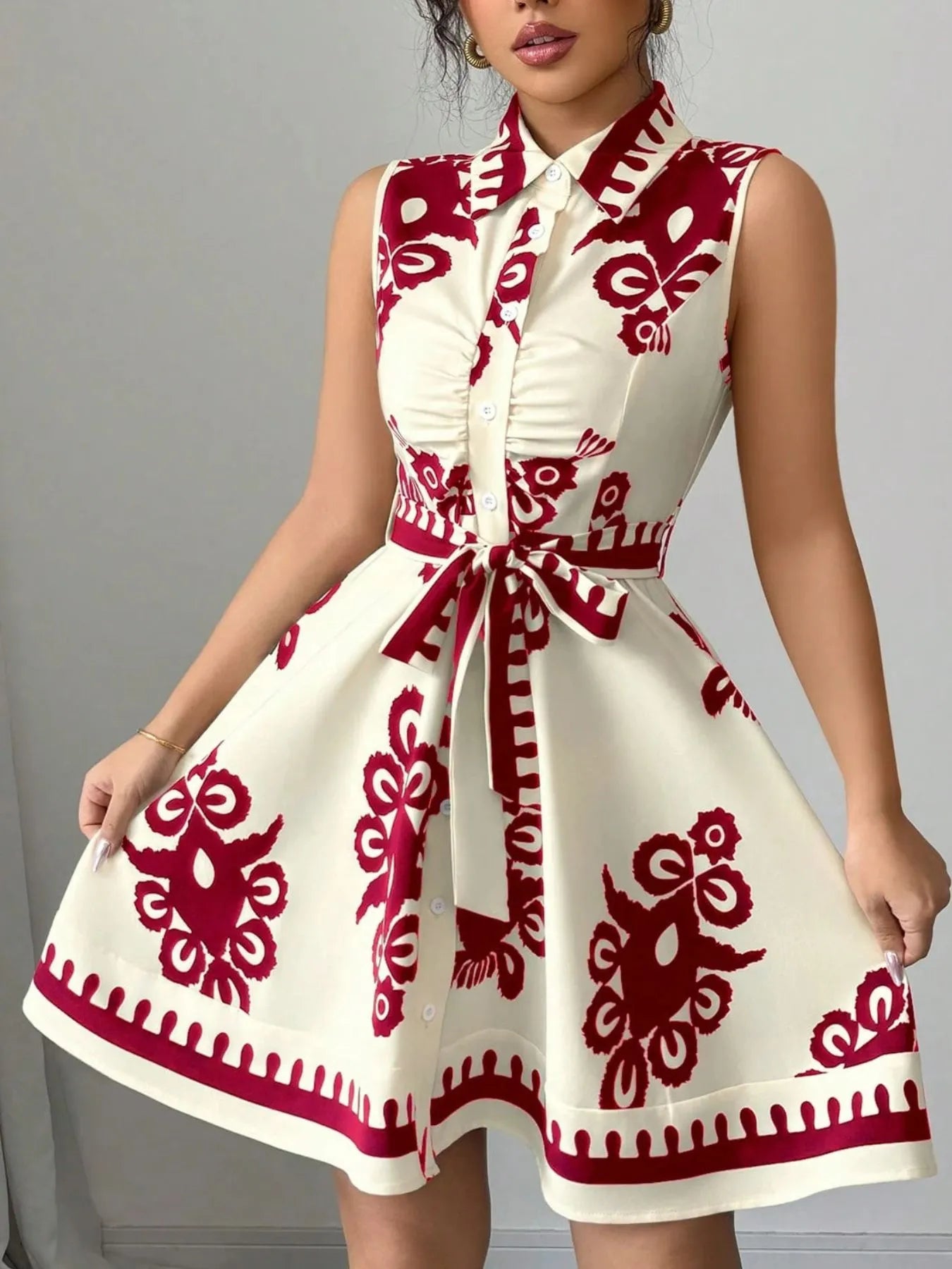 Printed Sleeveless Tie Waist Mini Dress Red