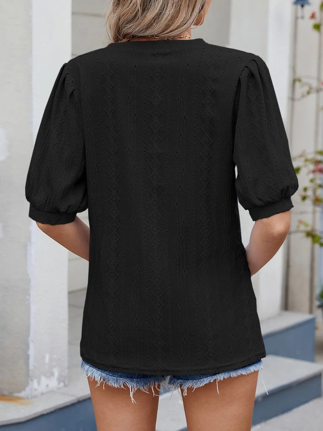 Puff Sleeve V-Neck Eyelet Lace T-Shirt