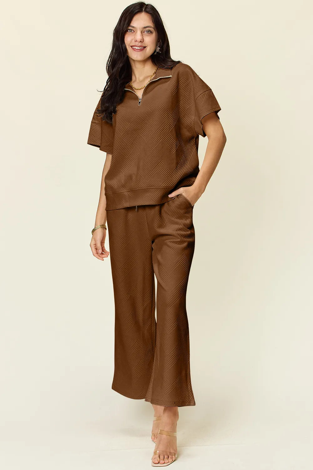Double Take Full Size Texture Half Zip Short Sleeve Top and Pants Set Mocha