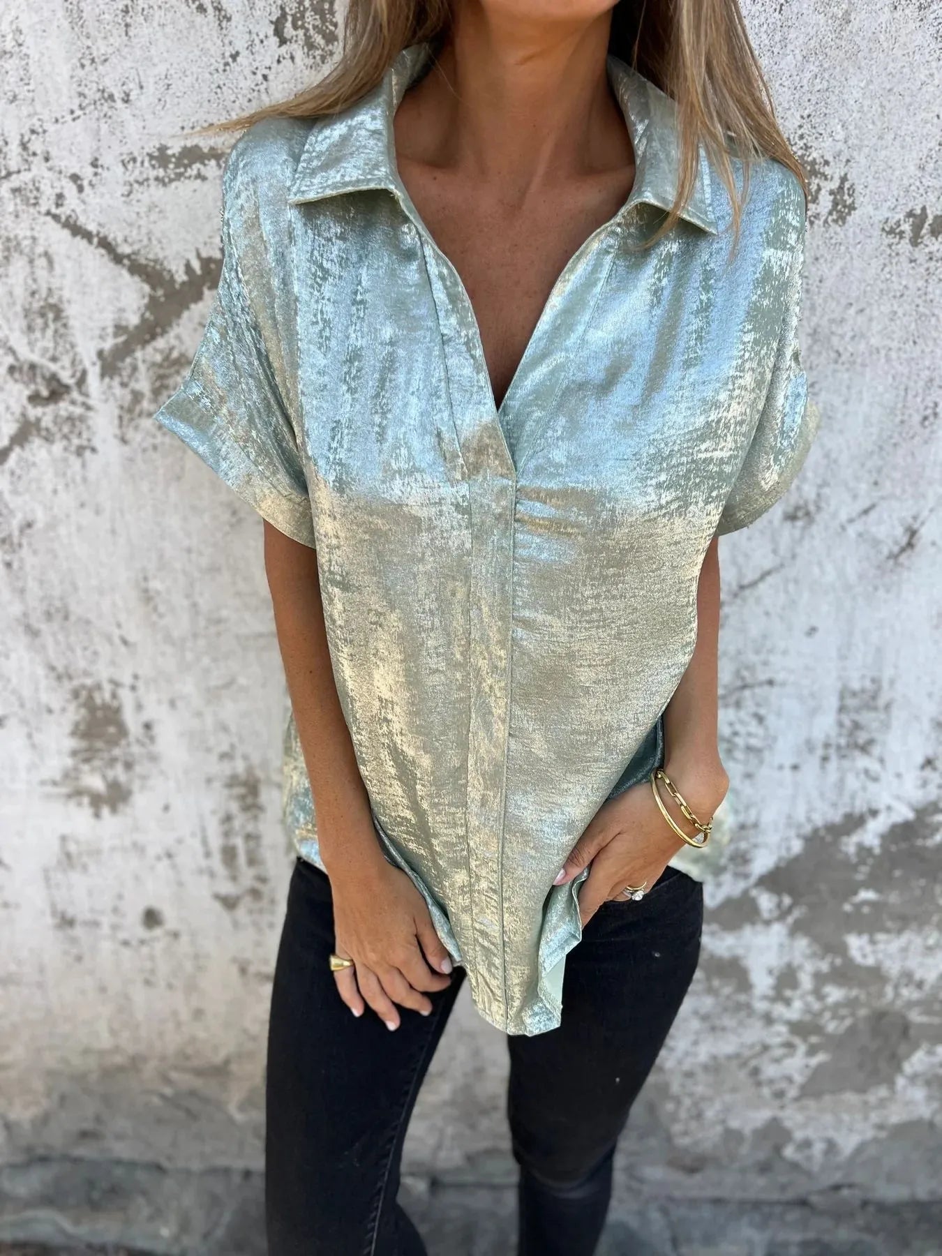 Full Size Collared Neck Short Sleeve Shirt Plus Size Light Green