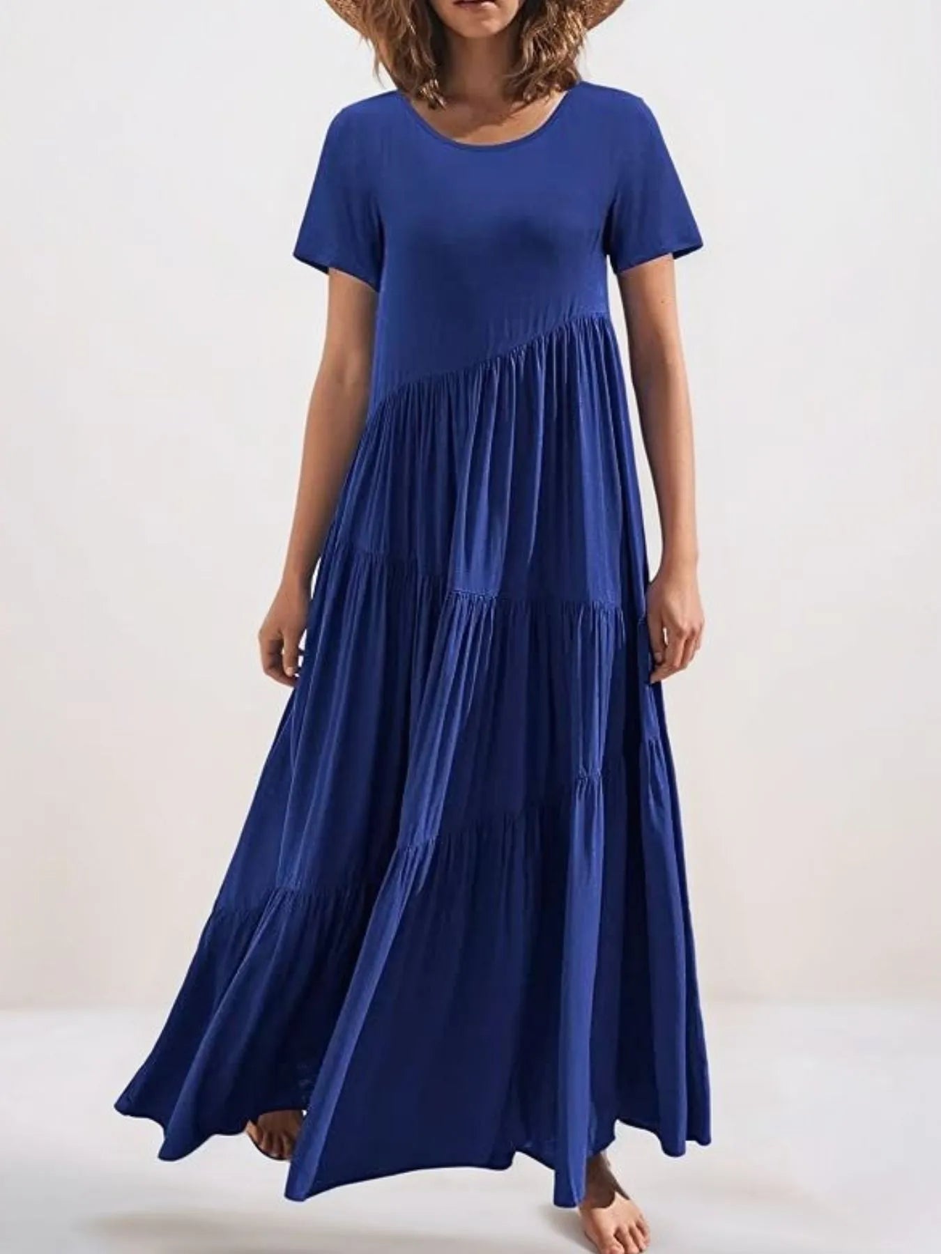 Round Neck Tiered Ruffle Maxi Dress Royal Blue