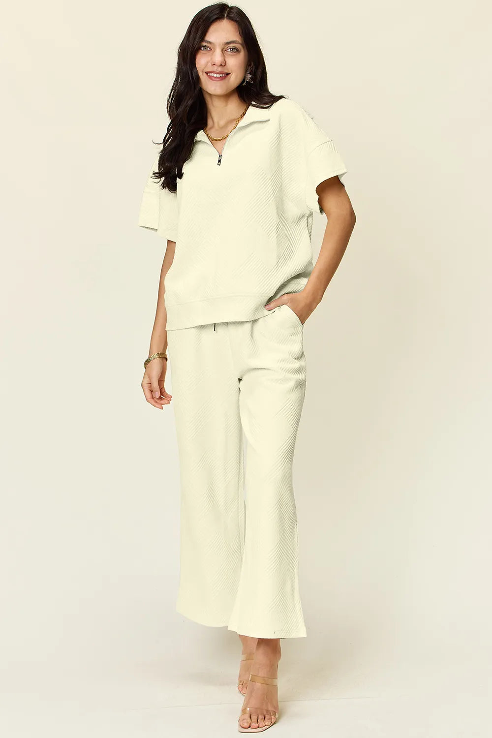 Double Take Full Size Texture Half Zip Short Sleeve Top and Pants Set Cream