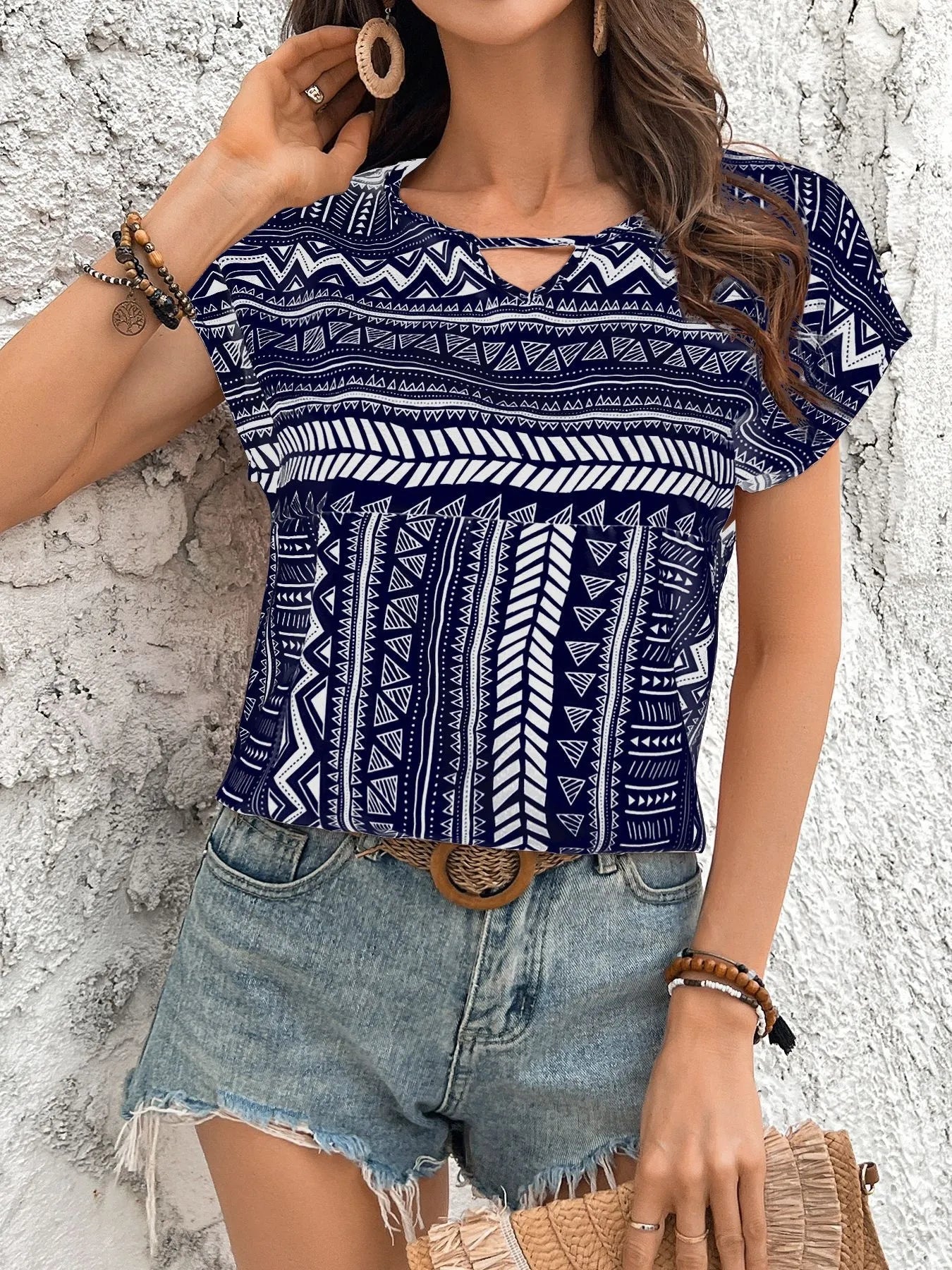 Geometric Print Short Sleeve Blouse Navy Blue