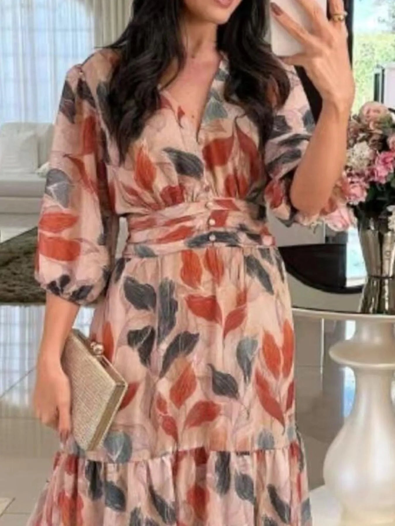 Full Size Printed V-Neck Maxi Dress with Tiered Hemline Plus Size