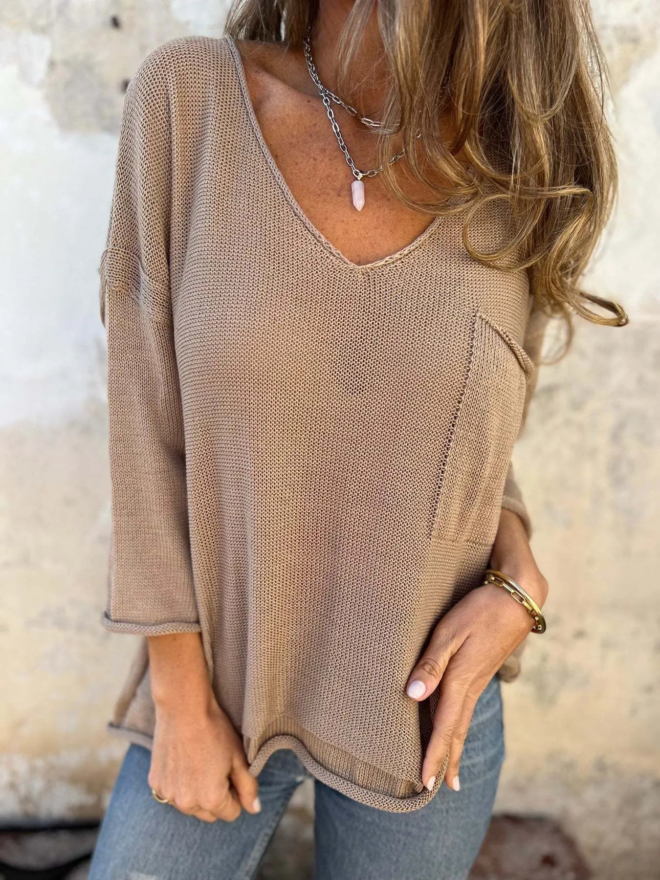 Full Size Casual V-Neck Knit Sweater Plus Size Mocha