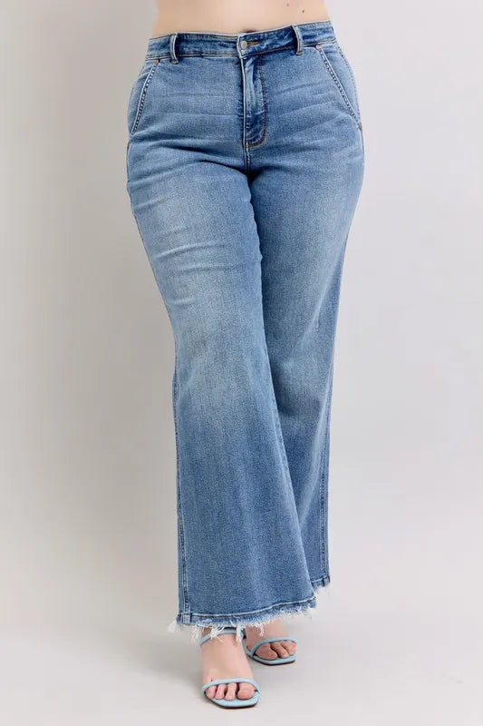 Judy Blue Full Size Raw Hem Wide Leg Jeans Plus Size