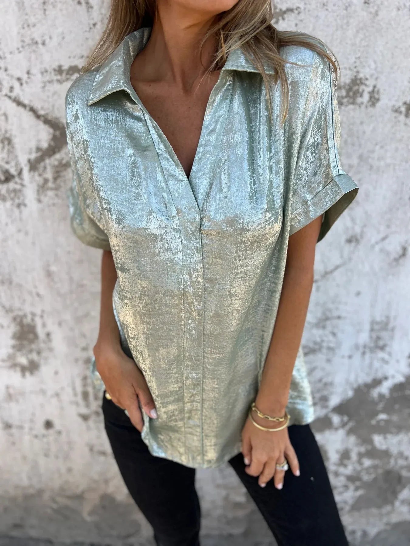 Full Size Collared Neck Short Sleeve Shirt Plus Size