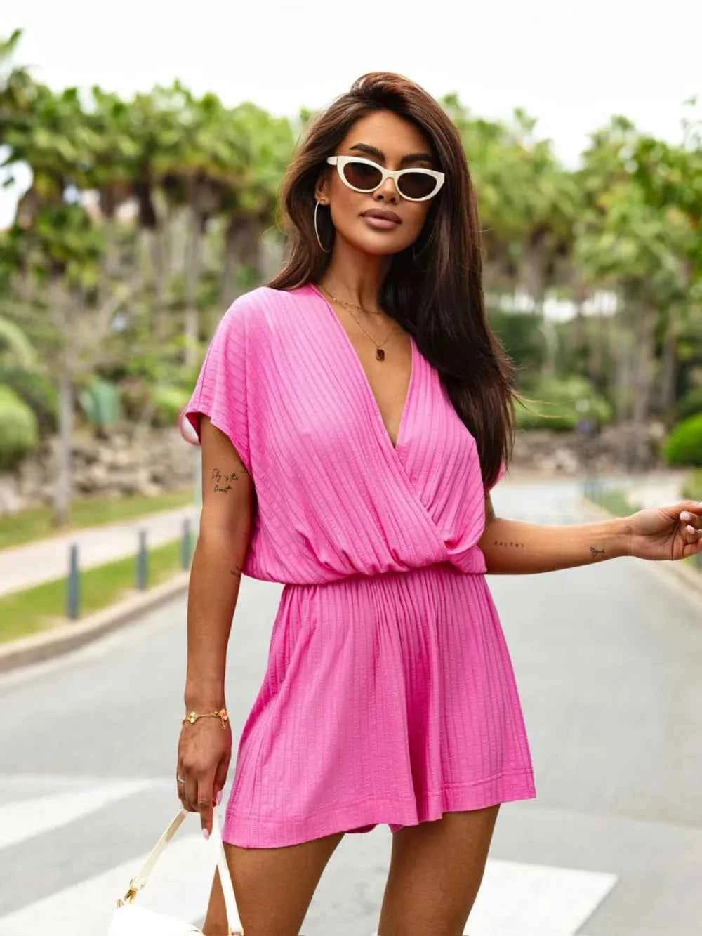 Surplice Short Sleeve Romper Fuchsia Pink