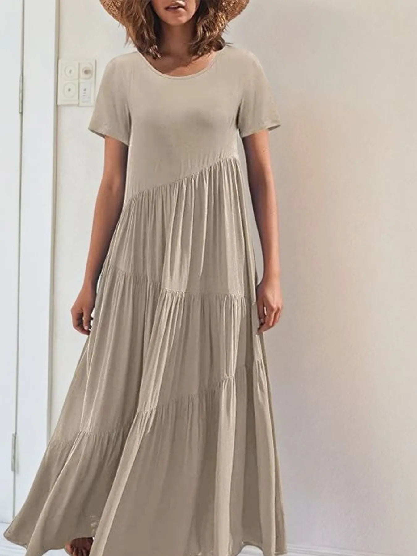 Round Neck Tiered Ruffle Maxi Dress Khaki