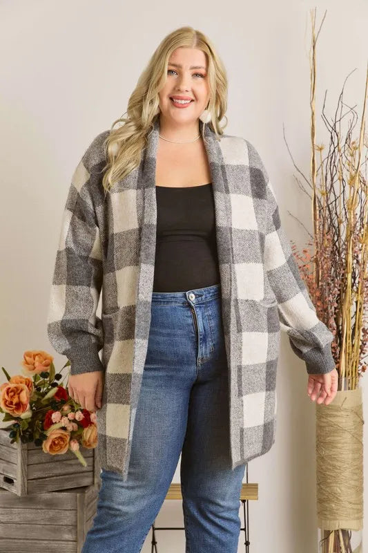 ADORA Full Size Checker Sweater Cardigan Plus Size