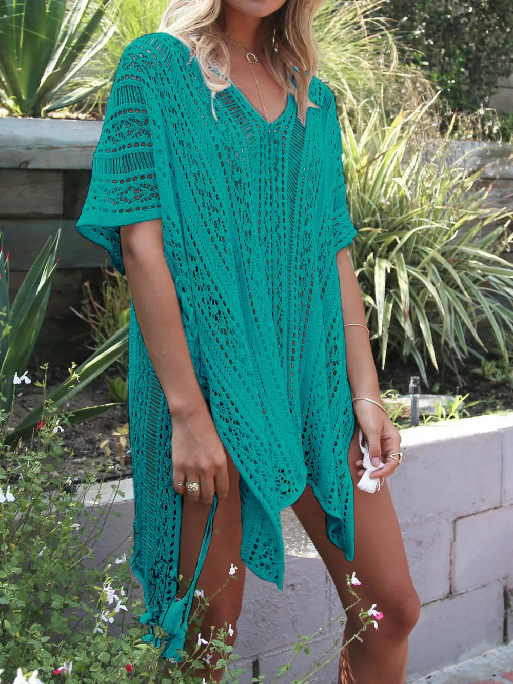 Angel Wings Cutout V-Neck Cover-Up with Tassel Teal One Size