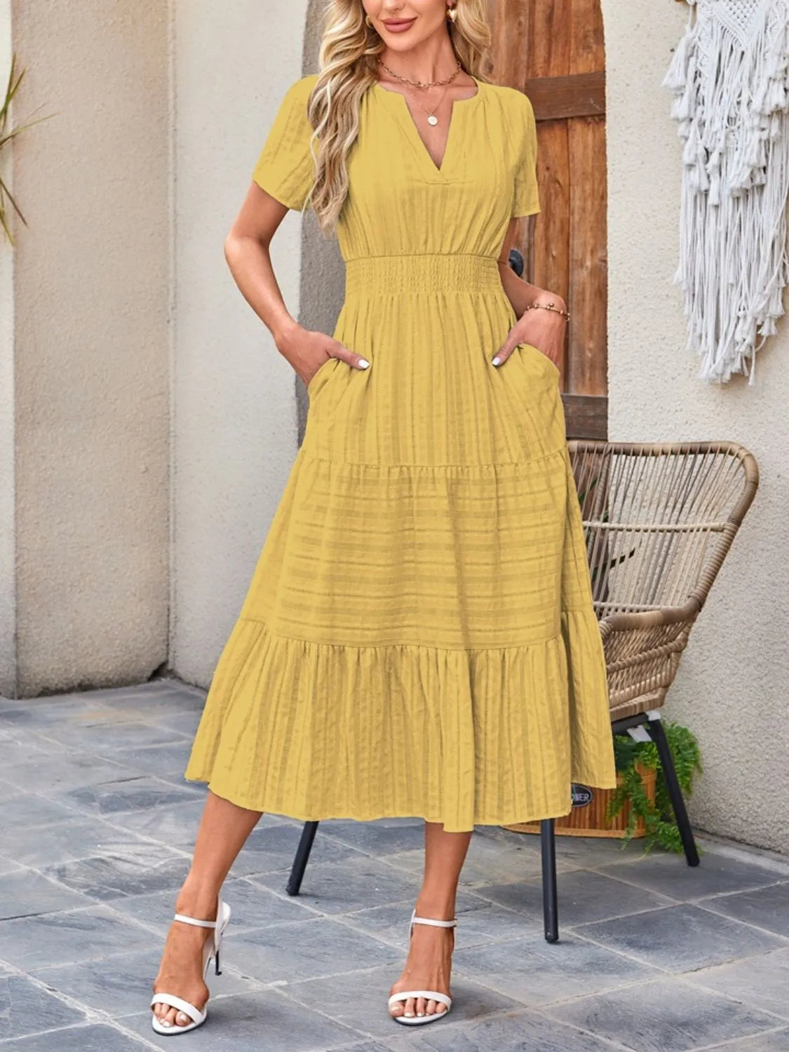 Tiered Notched Short Sleeve Dress Chartreuse