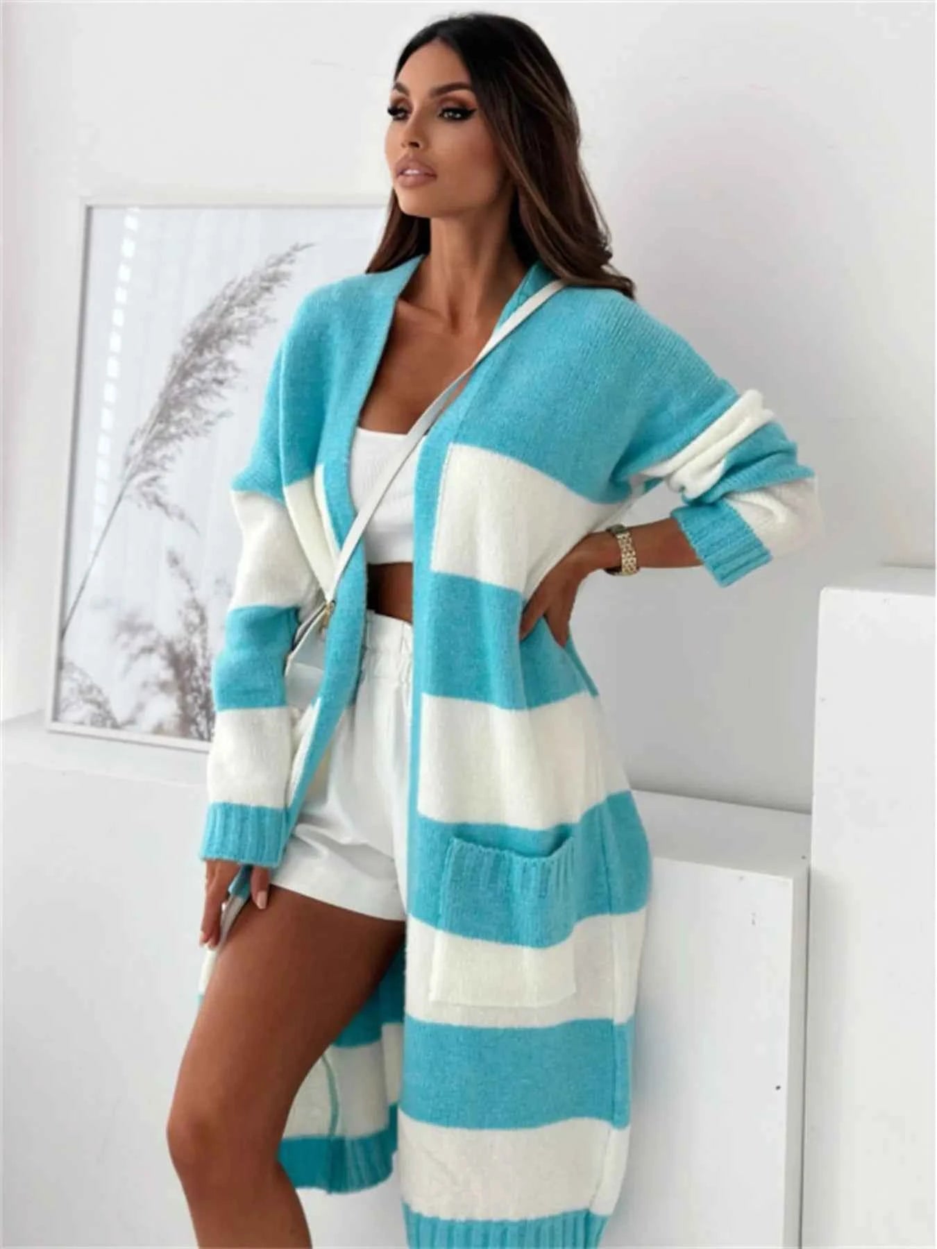 Color Block Open Front Cardigan Light Blue