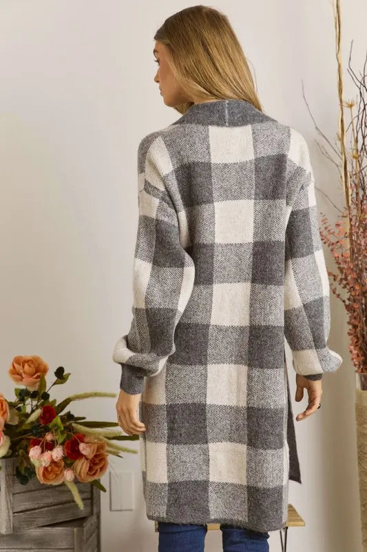 ADORA Full Size Checker Sweater Cardigan Plus Size