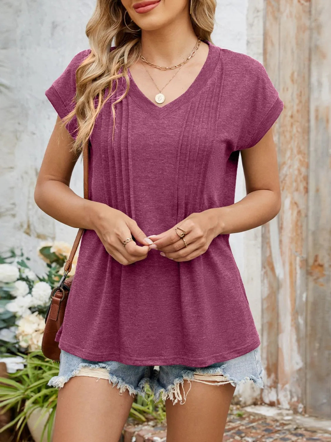 Casual V-Neck Pleated Front T-Shirt Deep Purple
