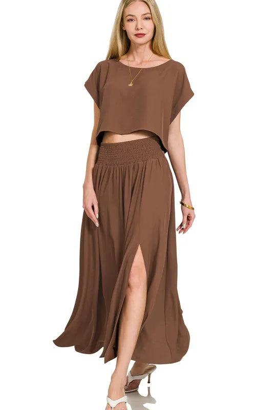 Zenana Heavy Woven Span Crop Tee & Skirt Set BROWN