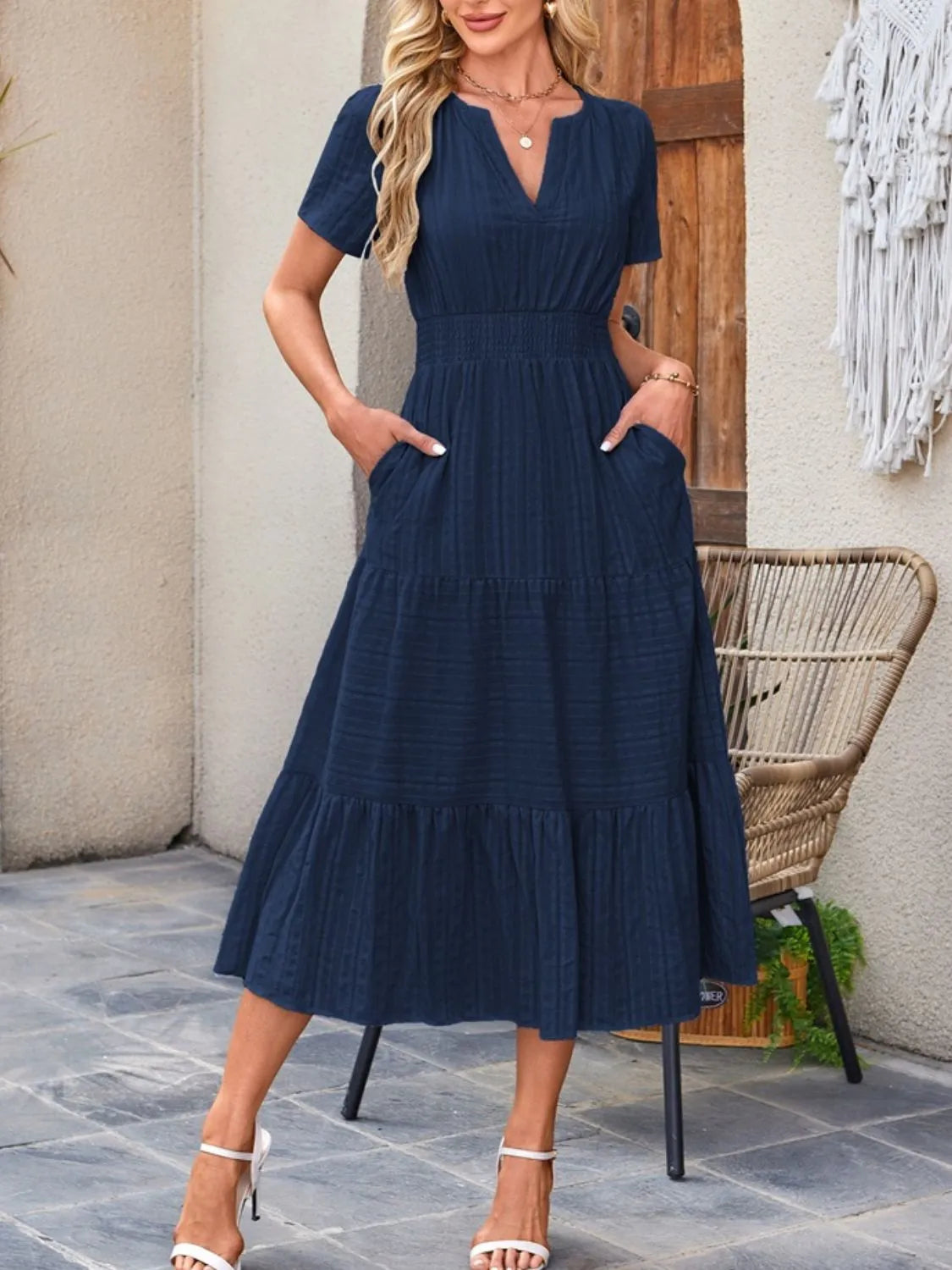 Tiered Notched Short Sleeve Dress Dark Blue