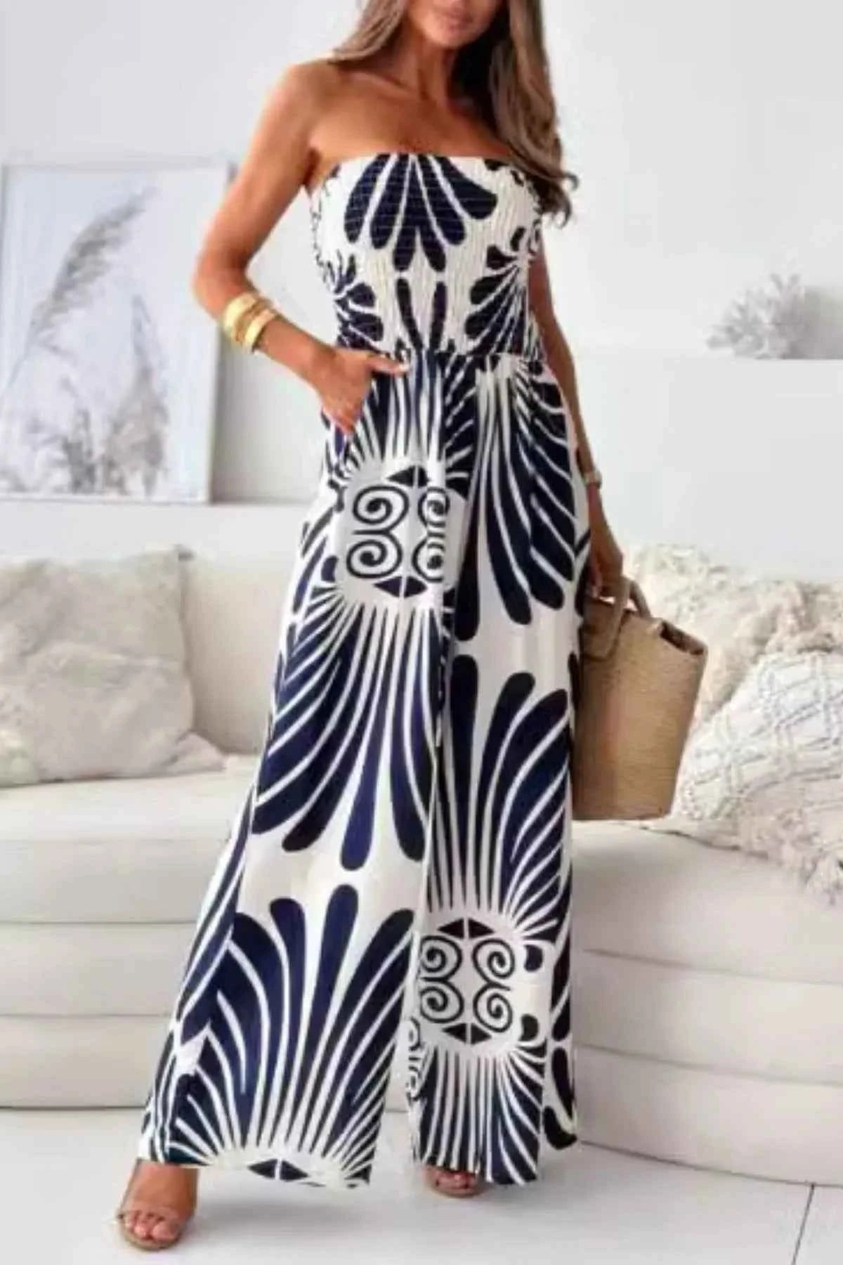 Printed Smocked Tube Wide Leg Jumpsuit Navy Blue