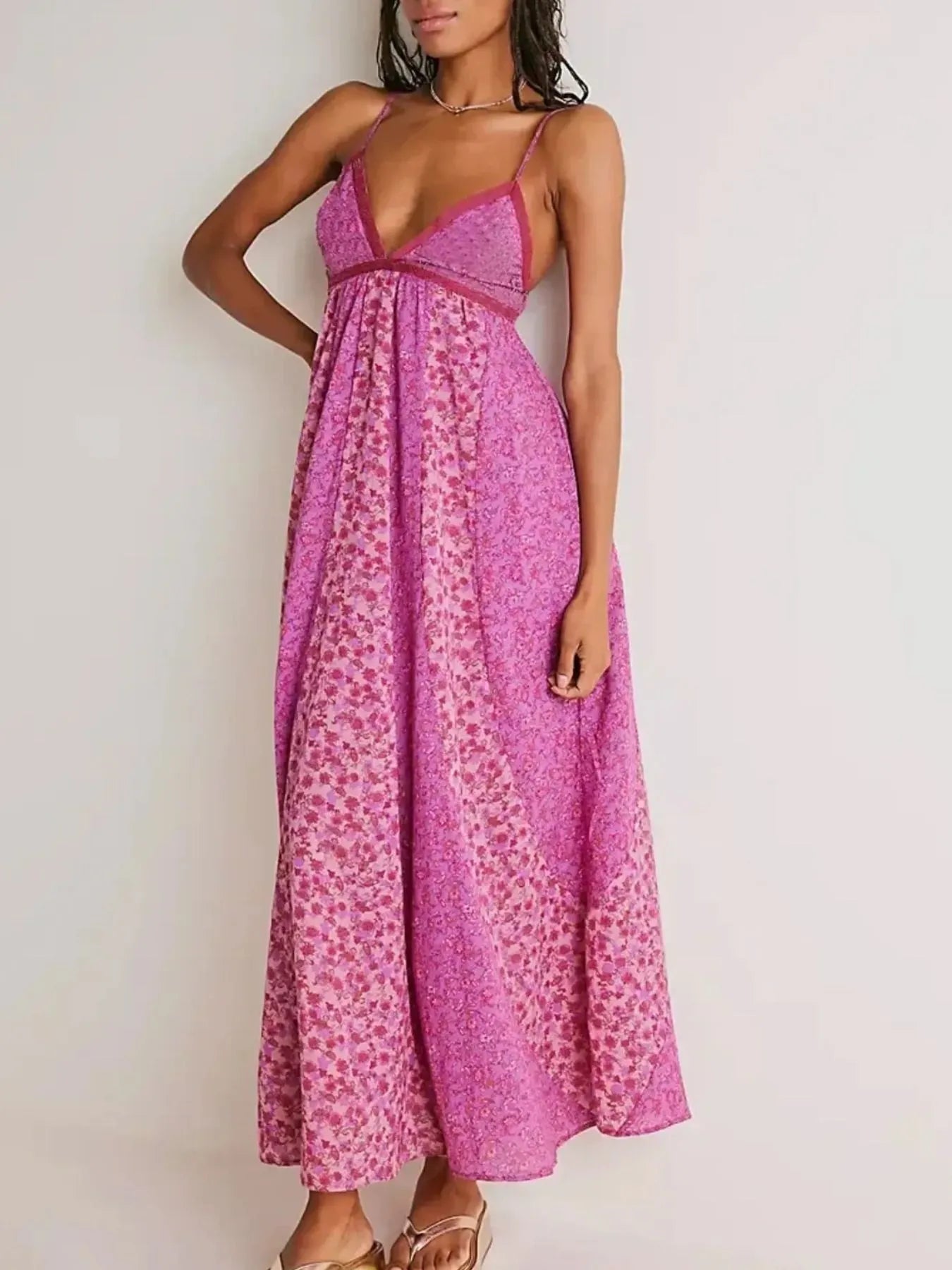 Floral V-Neck Maxi Cami Dress Rose Red