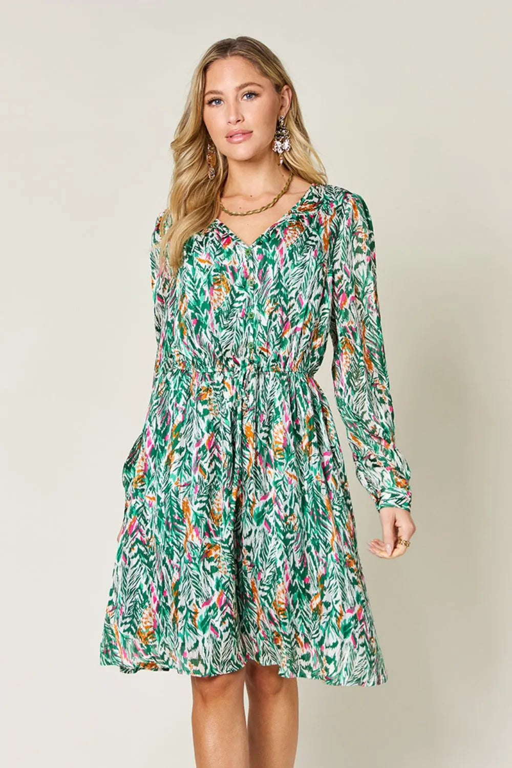 Double Take Full Size Printed Drawstring Waist Long Sleeve Dress Turquoise