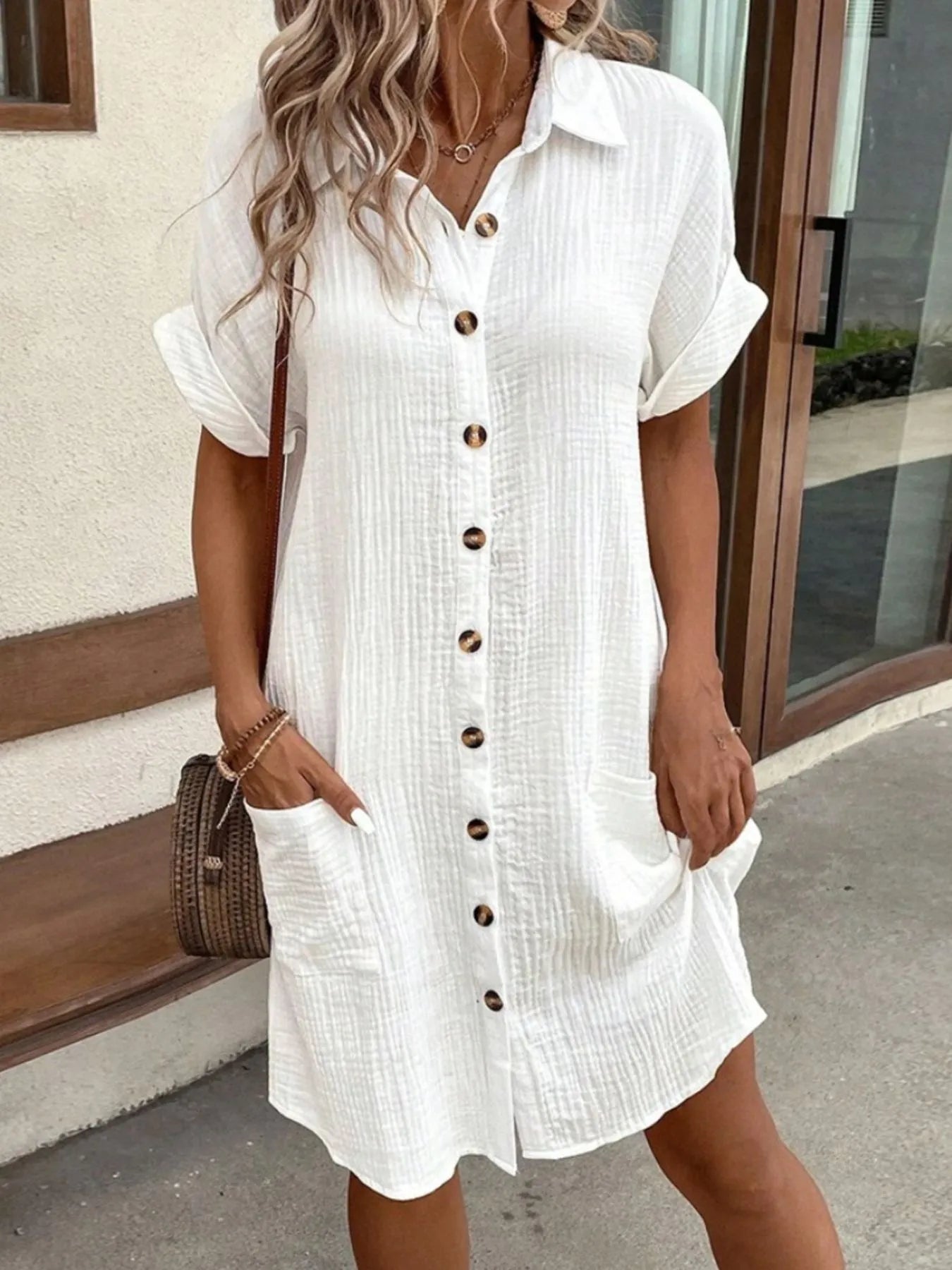 Casual Button Down Cotton Shirt Dress with Pockets