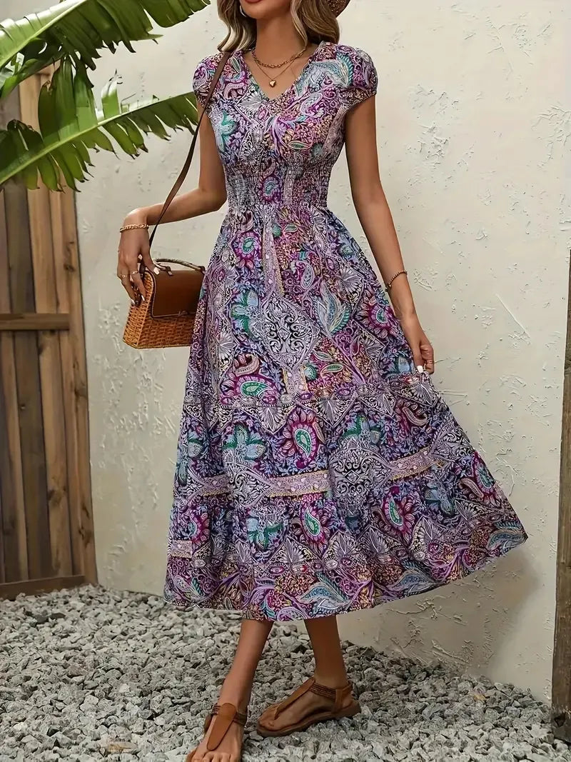 Plus Size Printed V-Neck Short Sleeve Midi Dress Violet