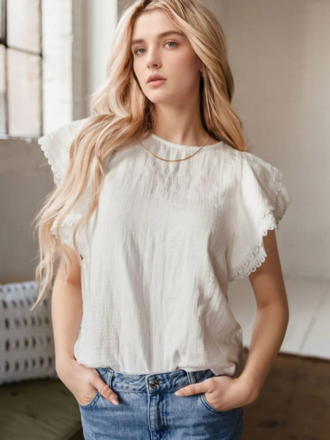 Crinkled Layered Ruffled Flutter Sleeve Blouse