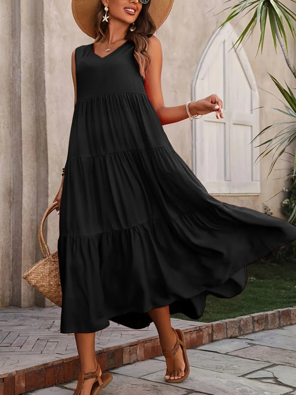 Tiered V-Neck Sleeveless Dress