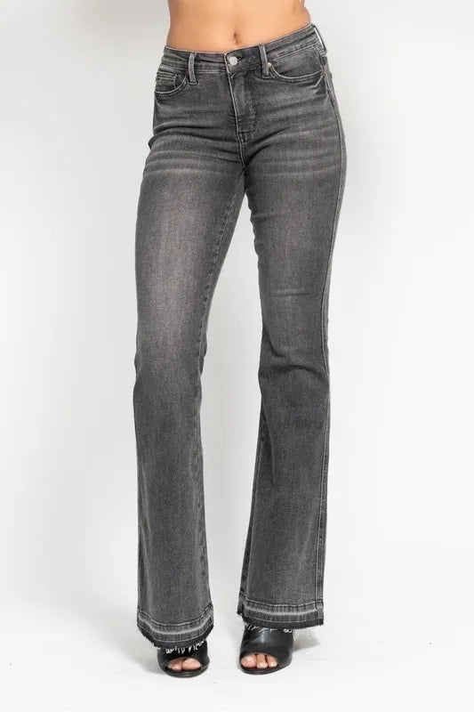 Judy Blue Full Size Mid Rise Tummy Control Washed Gray Release Hem Flare Jeans Plus Size GRY