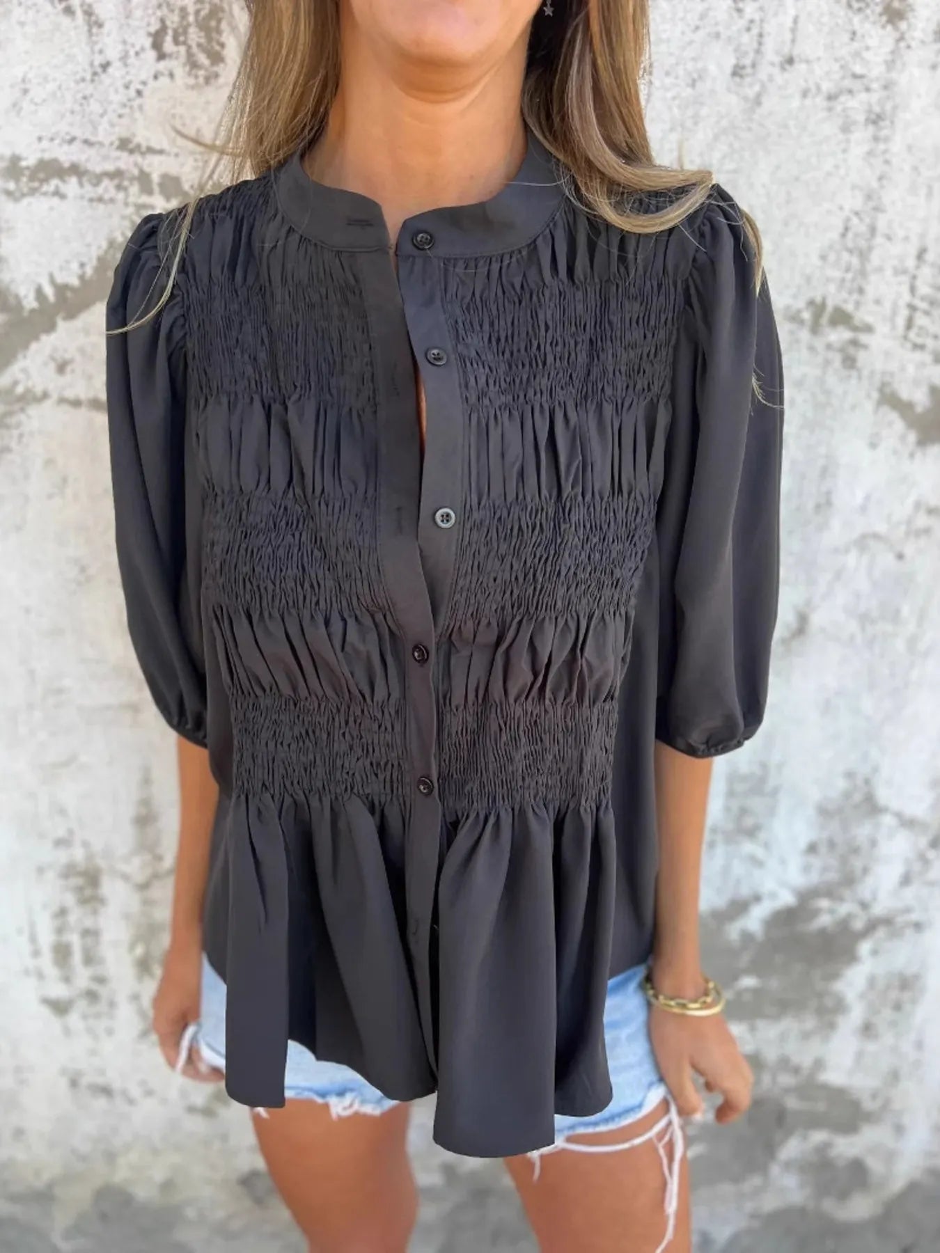 Full Size Smocked Button Front Puff Sleeve Shirt Plus Size Black