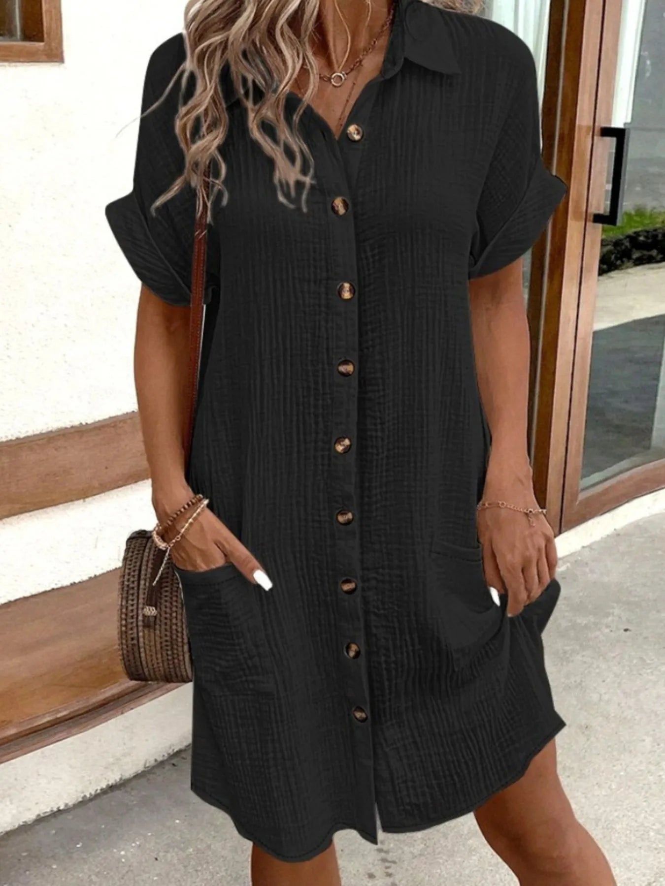 Casual Button Down Cotton Shirt Dress with Pockets Black