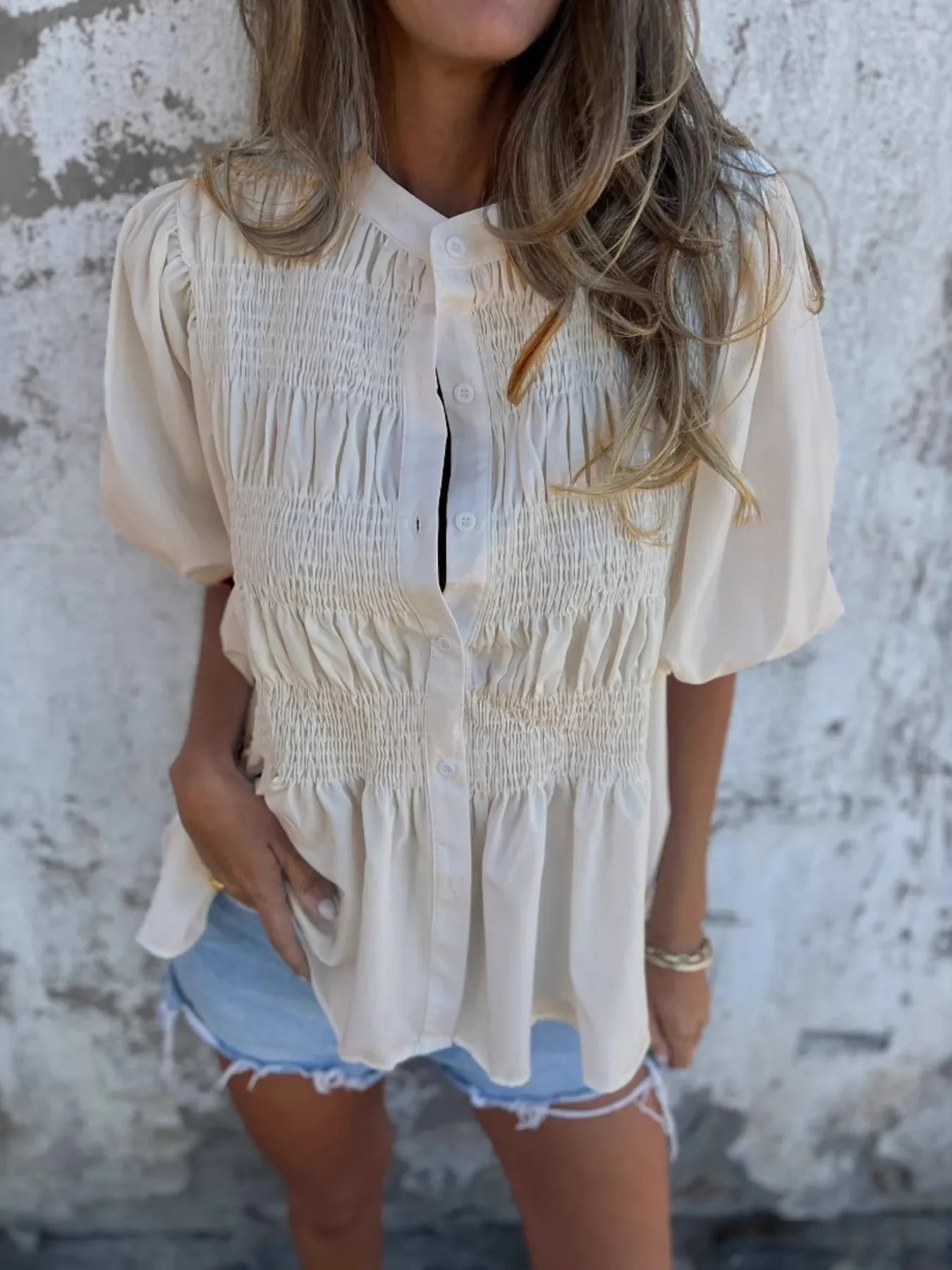 Full Size Smocked Button Front Puff Sleeve Shirt Plus Size Apricot