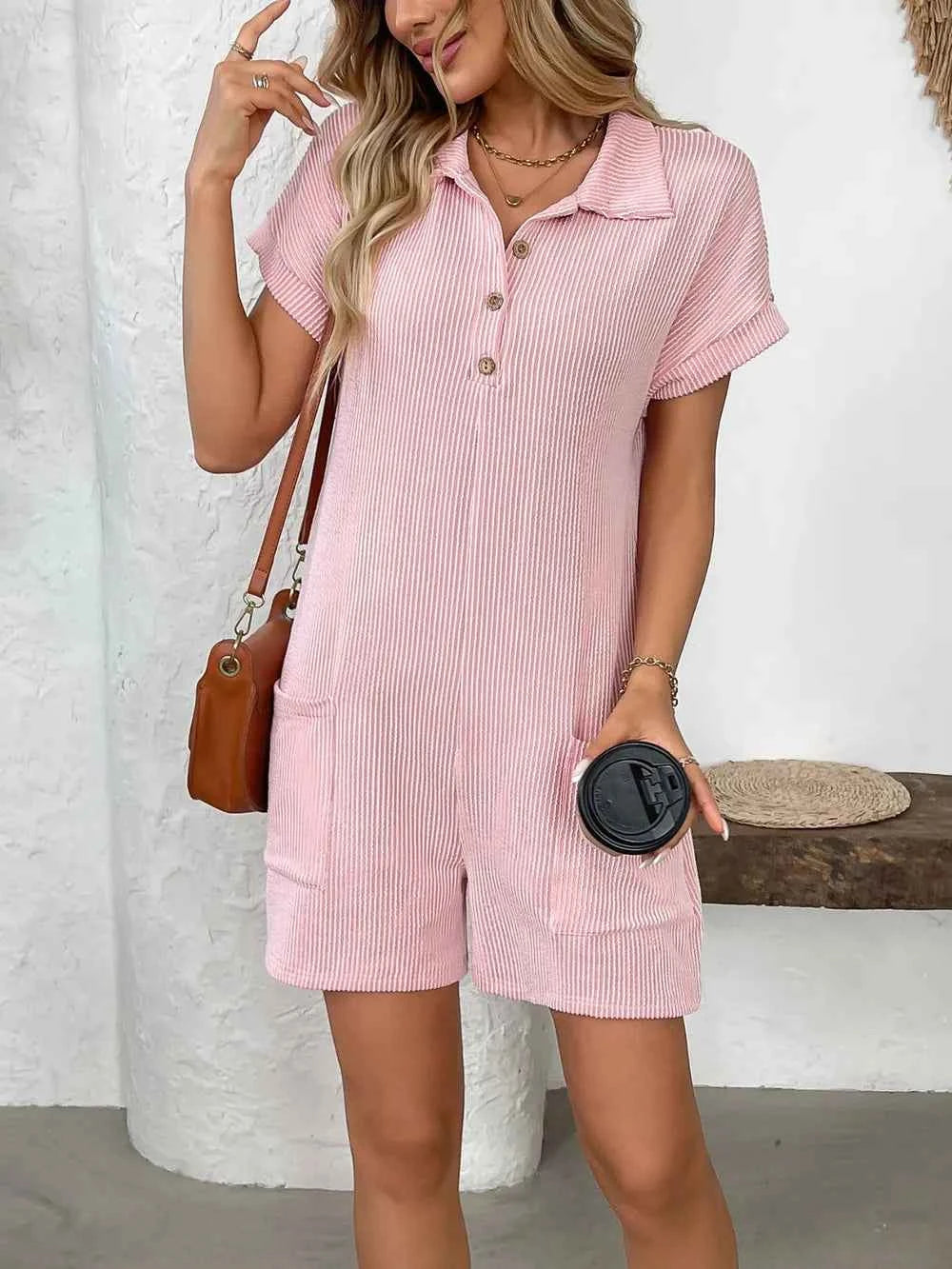 Button Detail Collared Neck Short Sleeve Romper Blush Pink