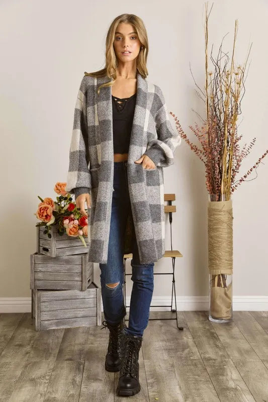 ADORA Full Size Checker Sweater Cardigan Plus Size