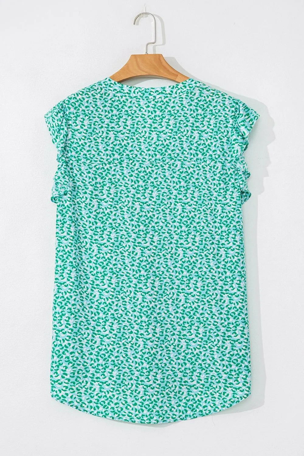 Notched Leopard Ruffle Short Sleeve Blouse