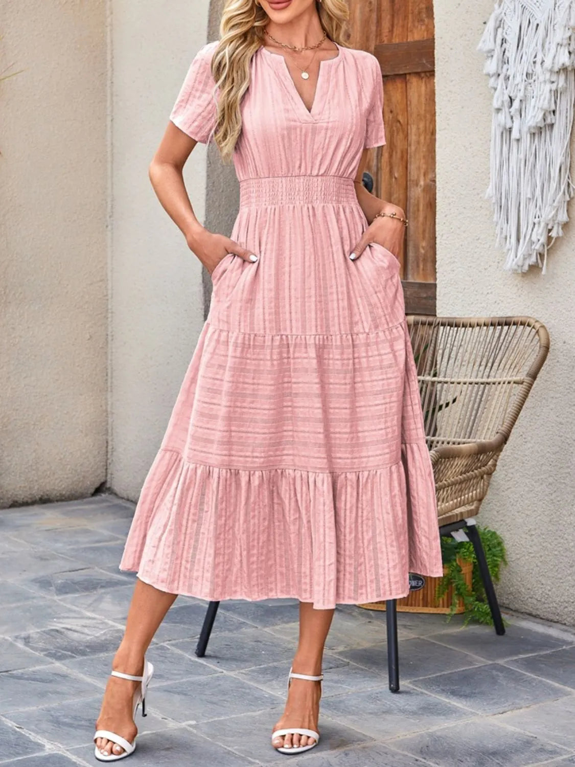 Tiered Notched Short Sleeve Dress Blush Pink