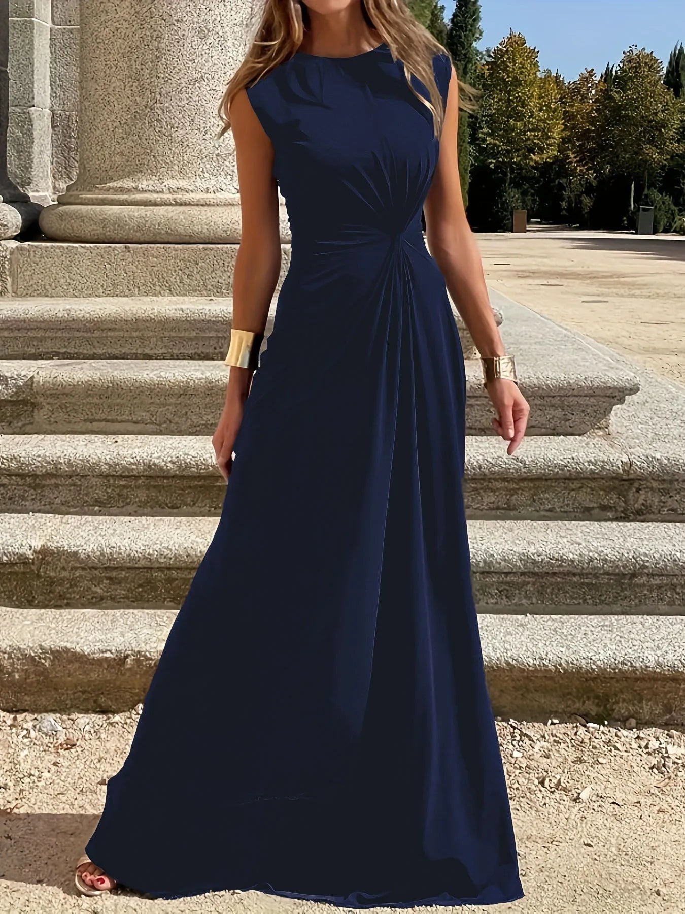 Round Neck Sleeveless Maxi Dress Navy Blue