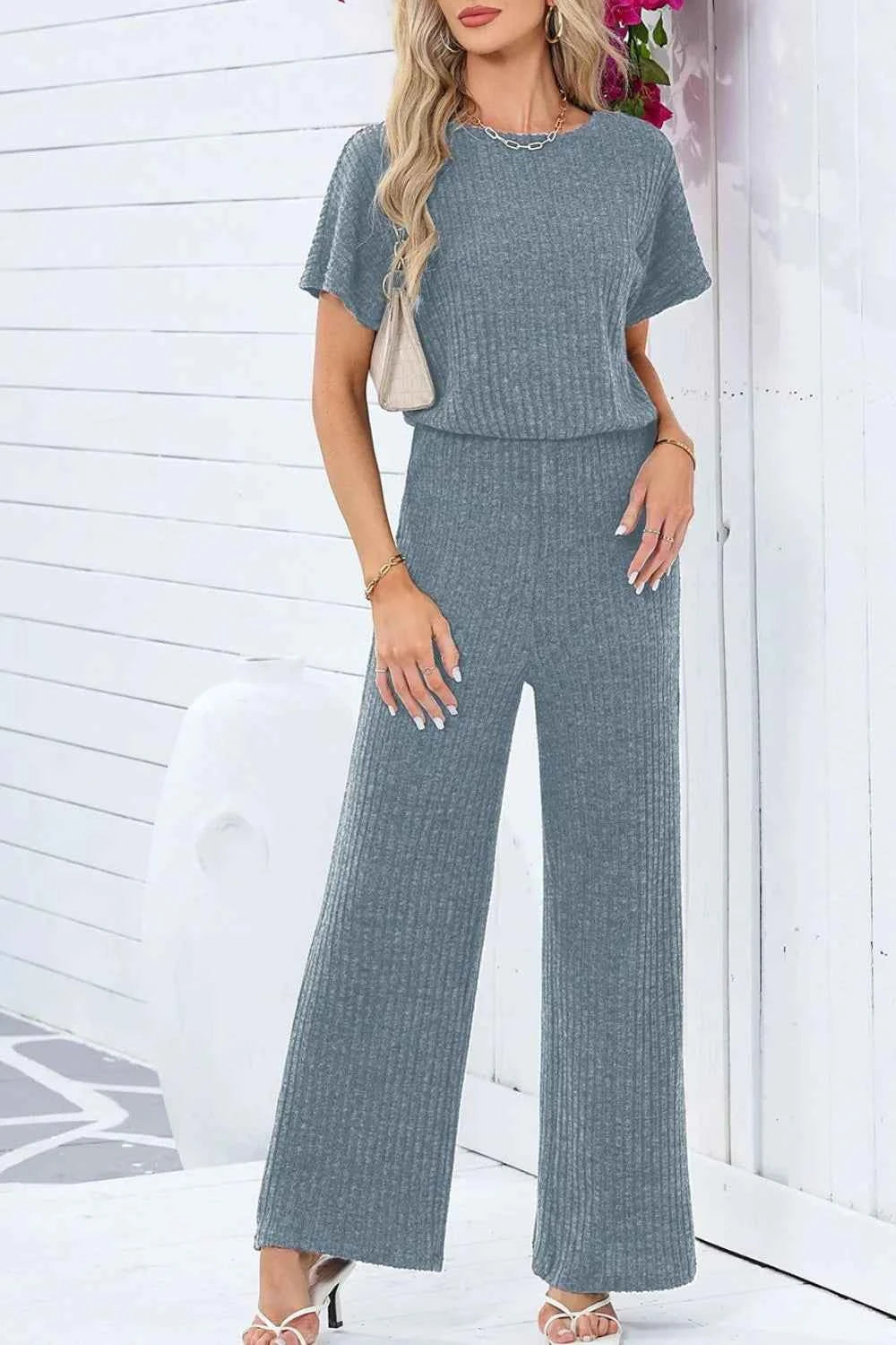 Ribbed Short Sleeve Wide Leg Jumpsuit