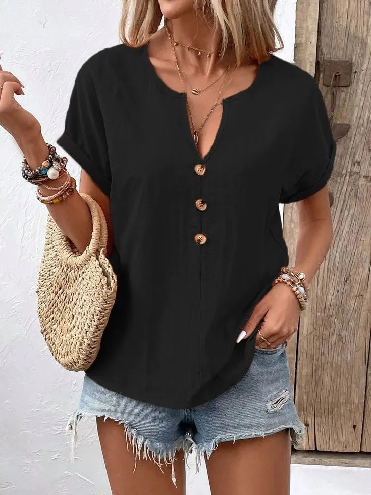 Full Size Notched Short Sleeve Top Plus Size Black