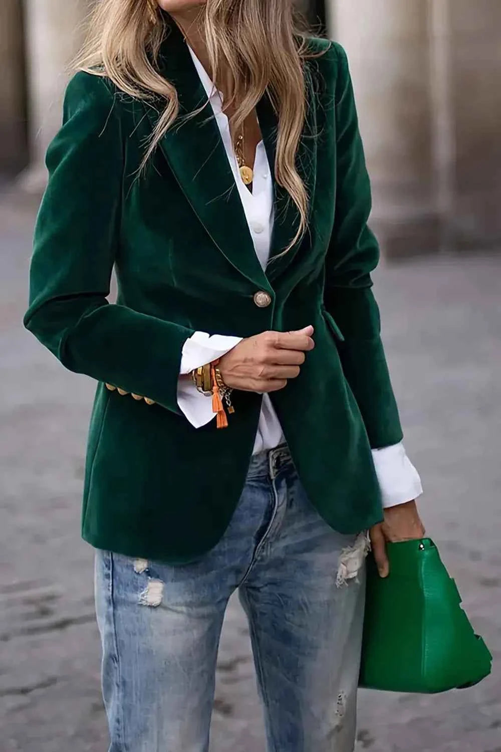 One Button Lapel Collar Long Sleeve Blazer Black Forest