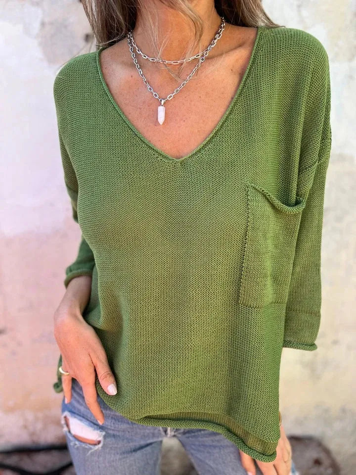 Full Size Casual V-Neck Knit Sweater Plus Size Matcha Green