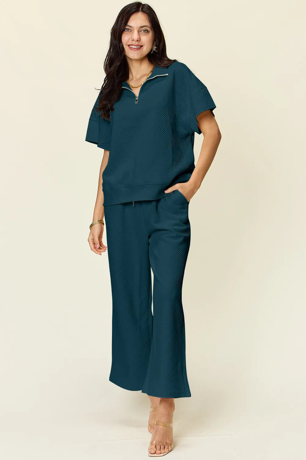 Double Take Full Size Texture Half Zip Short Sleeve Top and Pants Set Deep Teal