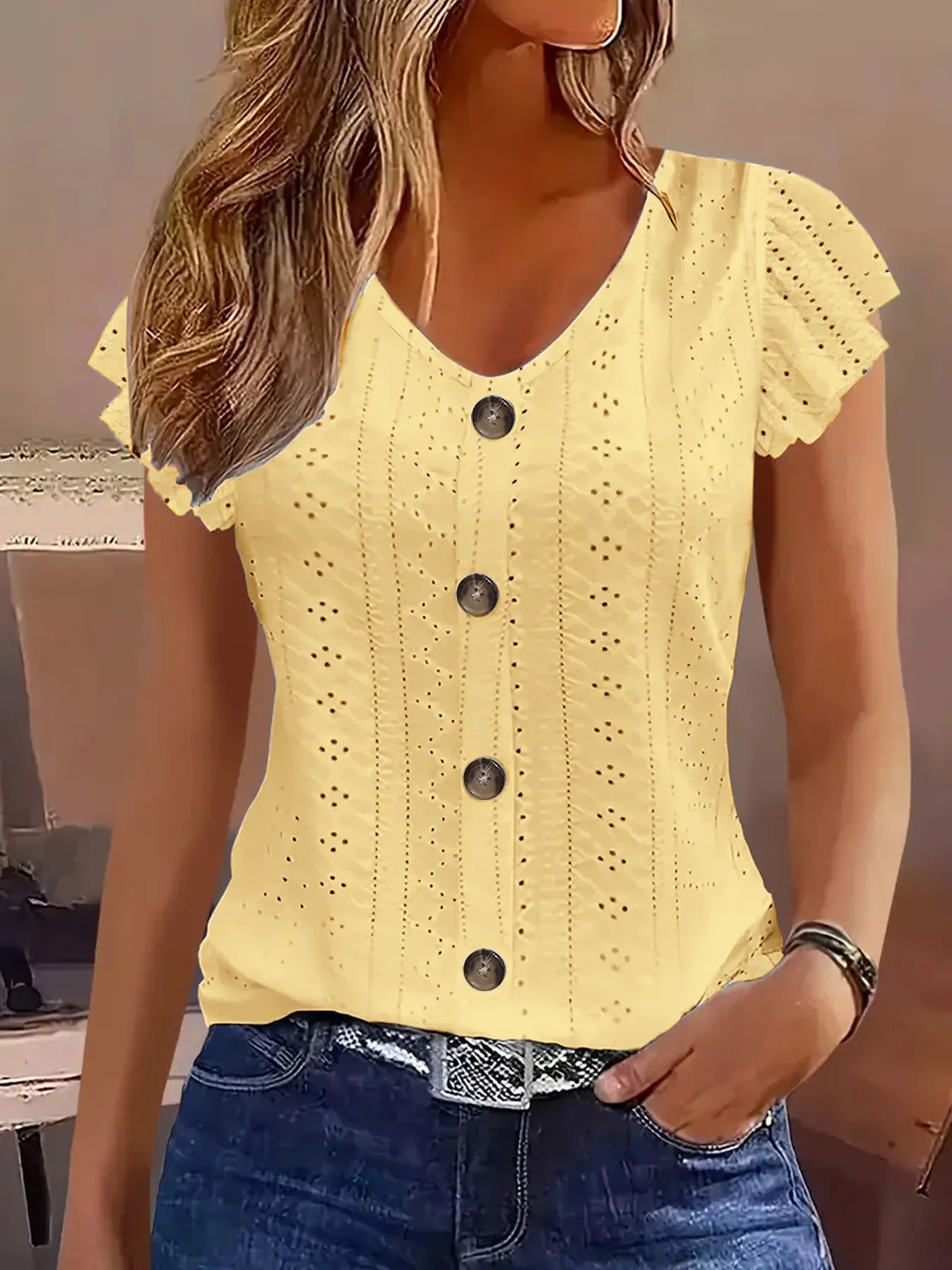 Eyelet Button-Front Flutter Sleeve Top Yellow