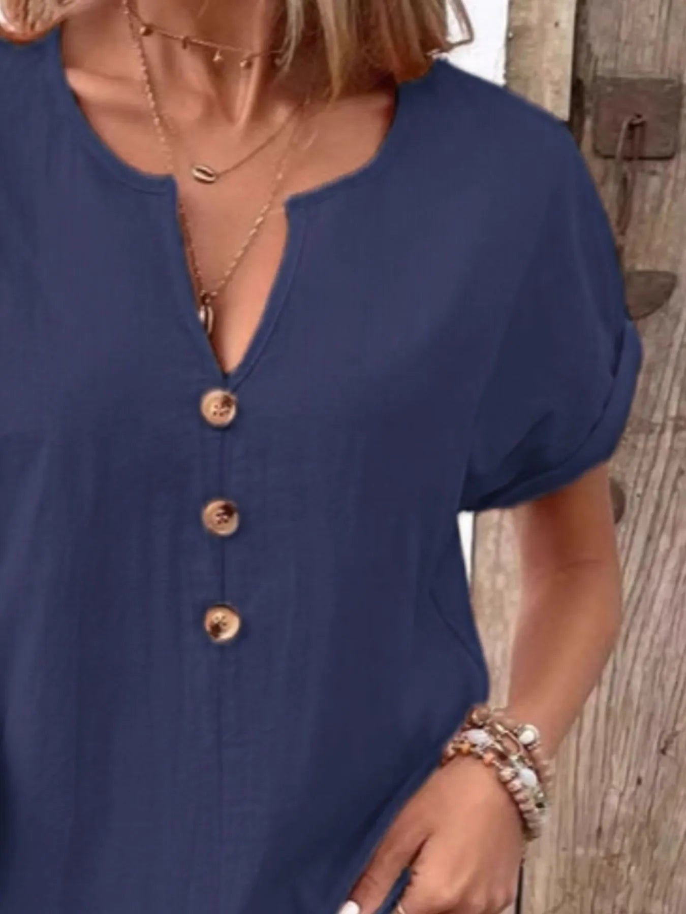 Full Size Notched Short Sleeve Top Plus Size