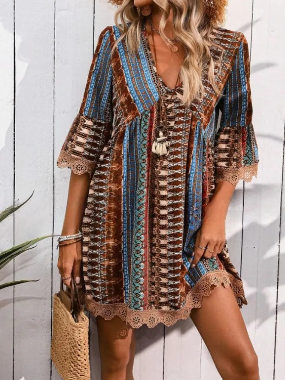 Lace Trim Printed V-Neck 3/4 Sleeve Dress Brown
