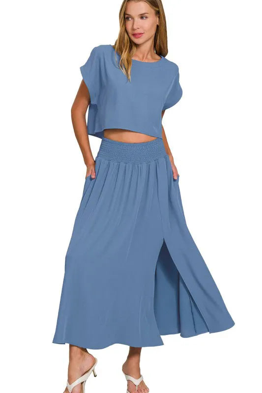 Zenana Heavy Woven Span Crop Tee & Skirt Set