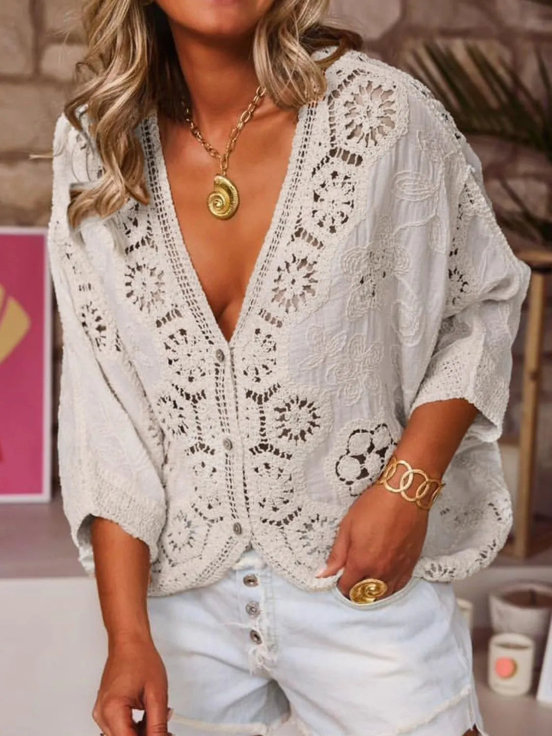 Crochet Lace V-Neck Blouse White One Size