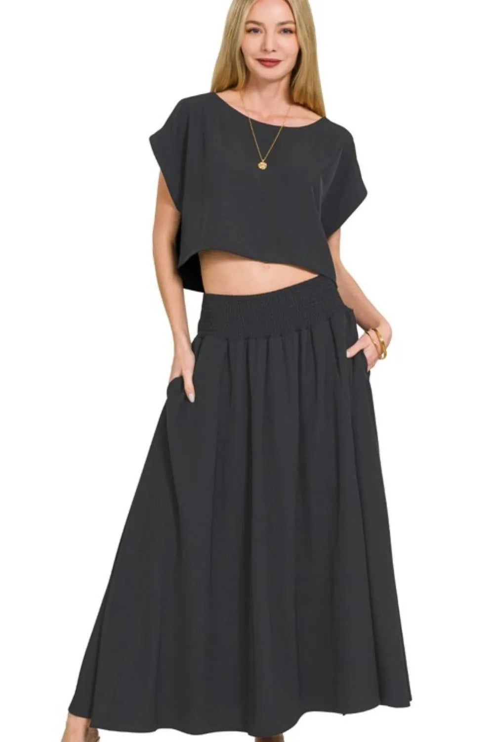 Zenana Heavy Woven Span Crop Tee & Skirt Set BLACK